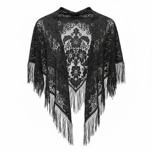 Black Lace Shawl Floral Pattern Fringe Dark Romantic Victorian Whimsy Goth